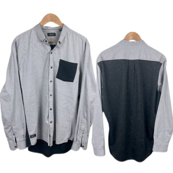 7 DIAMONDS Shirt Contrast Pocket Button-Down Blue/Grey Colorblock Long Sleeve - Picture 1 of 10